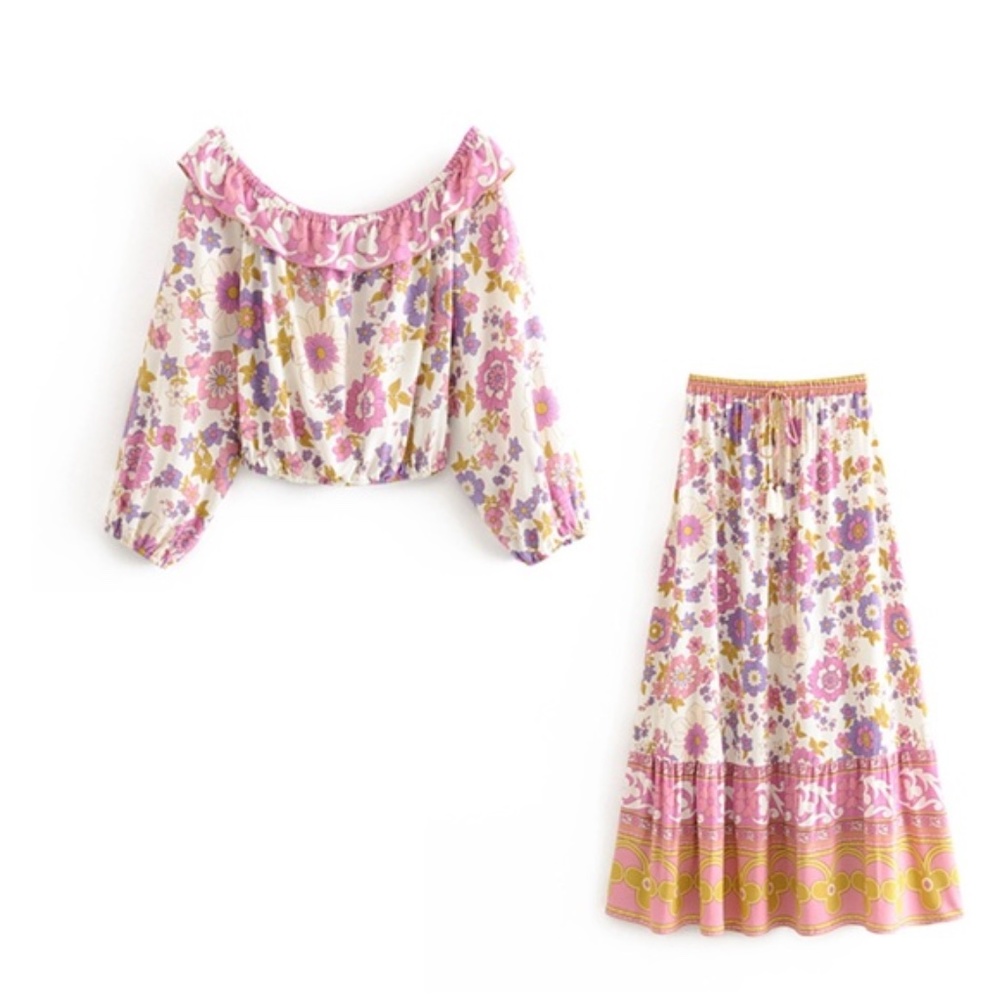 Waverly Boho Pink Floral Print Off Shoulder Crop top Maxi Skirt Set - Picture 8 of 16